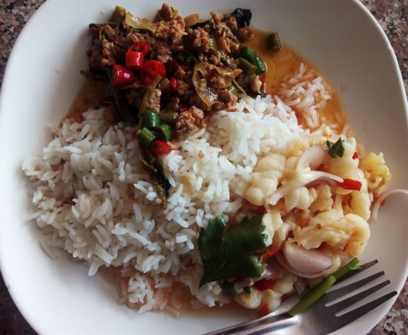 one plate dishes. chicken feet salad and stirred fried basil